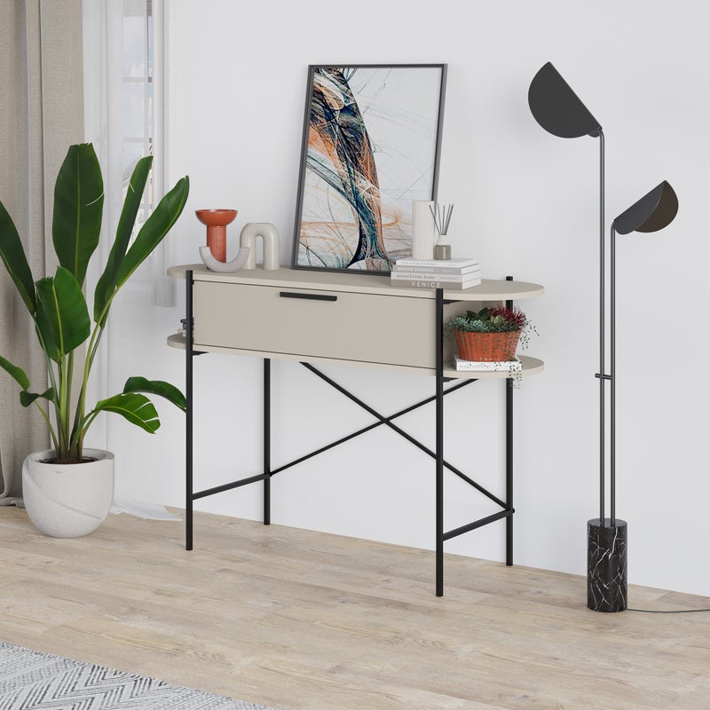 Mourah Home Otis Modern Console Table With Drawer & Open Shelves â€“ Metal Frame Entryway Table For Living Room, Hallway & Bedroom- Beige- 2 Years Warranty - Image 1